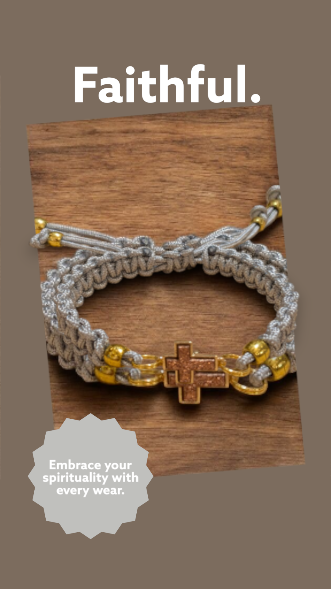 Adjustable Grey Paracord Bracelet with a Pink Champagne Cross Pendant.